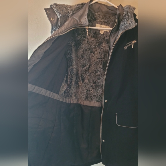 Womens large Liz Clairborne black winter coat jacket hooded with faux fur lining - Picture 6 of 11